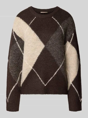 Sweter z dzianiny o kroju relaxed fit z elastycznej mieszanki wełny model 'lulu' Freequent Ciemnobrązowy melanż