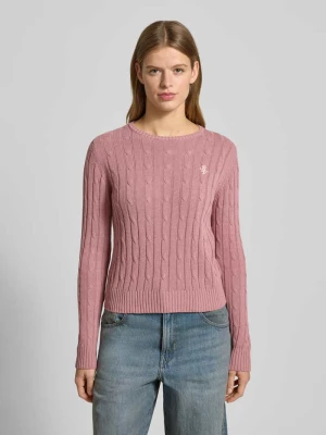 Sweter z dzianiny o kroju slim fit z okrągłym dekoltem i ściegiem warkoczowym REVIEW Brudnoróżowy