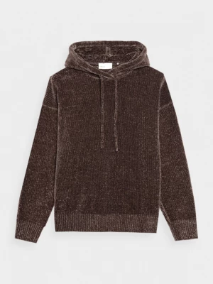 Sweter z dzianiny szenilowej z kapturem damski - brązowy OUTHORN