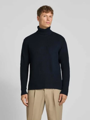 Sweter z dzianiny w efekt prążkowania z golfem lindbergh Granatowy