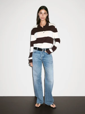 Sweter Z Dzianiny W Paski Z Kołnierzykiem Polo - Czekoladowy - - Massimo Dutti - Kobieta