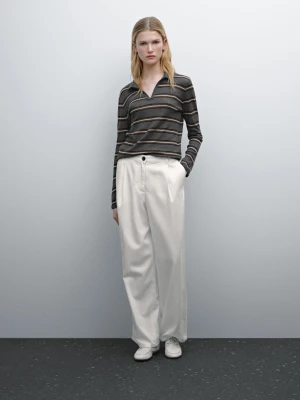 Sweter Z Dzianiny W Paski Z Kołnierzykiem Polo - Szary Melanżowy - - Massimo Dutti - Kobieta