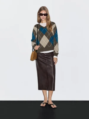 Sweter Z Dzianiny W Romby Z Mieszanki Wełny - Niebieskie - - Massimo Dutti - Kobieta