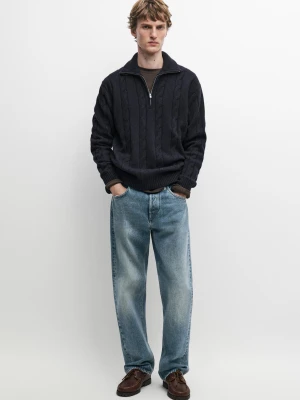 Sweter Z Dzianiny, Warkoczowy, Z Półgolfem - Granatowy - Massimo Dutti - Male