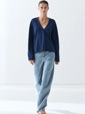 Sweter Z Dzianiny Z Dekoltem W Serek - Granatowy - Massimo Dutti - Female