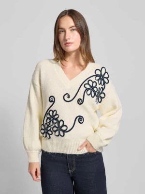 Sweter z dzianiny z dekoltem w serek i haftami model ‘El44in’ ZABAIONE