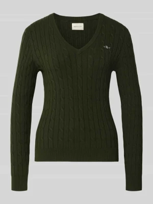 Sweter z dzianiny z dekoltem w serek i wyhaftowanym logo Gant