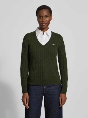 Sweter z dzianiny z dekoltem w serek i wyhaftowanym logo Gant