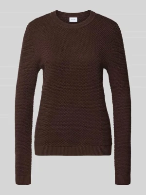 Sweter z dzianiny z fakturowanym wzorem i okrągłym dekoltem Vila Ciemnobrązowy