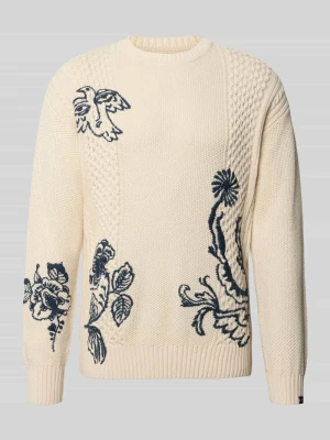 sweter z dzianiny z haftami model 'DELFTS BLAUW' Scotch & Soda Piaskowy