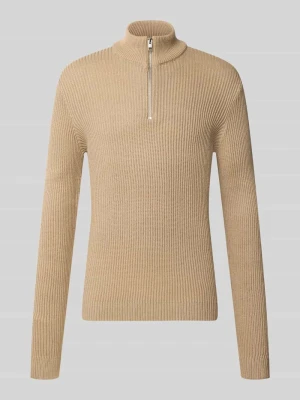Sweter z dzianiny z kołnierzem zapinanym model 'PANNEL' Jack&Jones Beżowy
