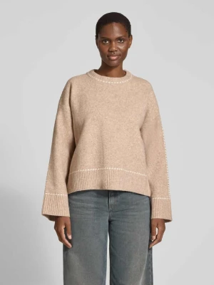 Sweter z dzianiny z kontrastowymi szwami model 'Roeme' NEO NOIR Beżowy melanż