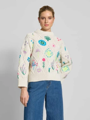 Sweter z dzianiny z kwiatowym haftem model ‘Hadream’ Essentiel