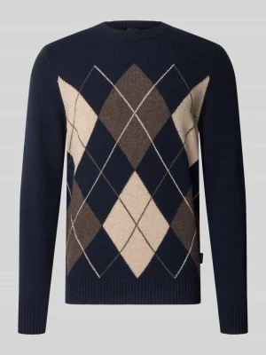 sweter z dzianiny z mieszanka wełny ze wzór w kratę, krój regular fit Bugatti Granatowy