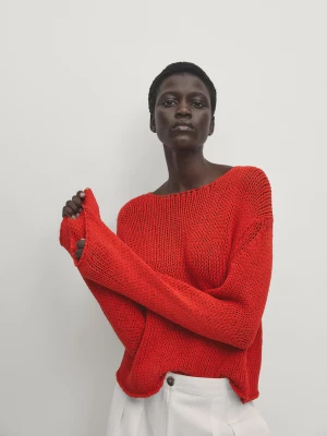 Sweter Z Dzianiny Z Okrągłym Dekoltem - Czerwony - - Massimo Dutti - Kobieta