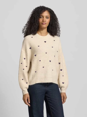 Sweter z dzianiny z okrągłym dekoltem i haftami Apricot