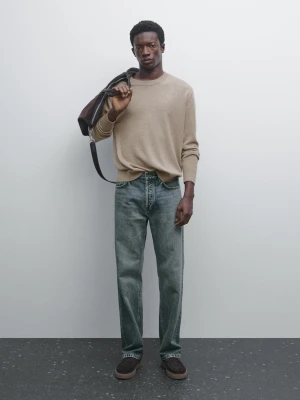 Sweter Z Dzianiny Z Okrągłym Dekoltem - Piaskowy - - Massimo Dutti - Mężczyzna