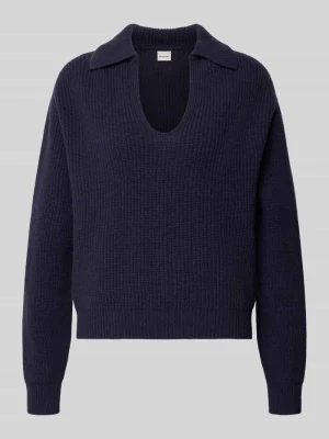 Sweter z dzianiny z wełny lana z kołnierzykiem polo Stefanel Granatowy
