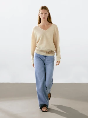 Sweter Z Dzianiny Ze 100% Lnu Z Długim Rękawem - Piaskowy - - Massimo Dutti - Kobieta