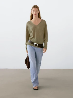 Sweter Z Dzianiny Ze 100% Lnu Z Długim Rękawem - Zielonkawy - - Massimo Dutti - Kobieta