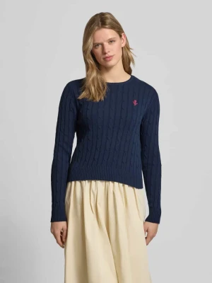 Sweter z dzianiny ze ściegiem warkoczowym i wyhaftowanym logo REVIEW