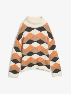 Sweter z golfem we wzór BonPrix beżowy