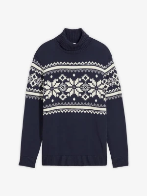 Sweter z golfem, w norweski wzór, z czystej bawełny BonPrix niebieski