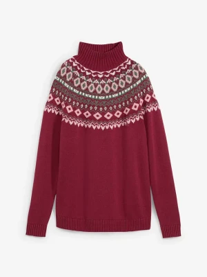 Sweter z golfem, w norweski wzór, z mieszanki bawełny BonPrix czerwony