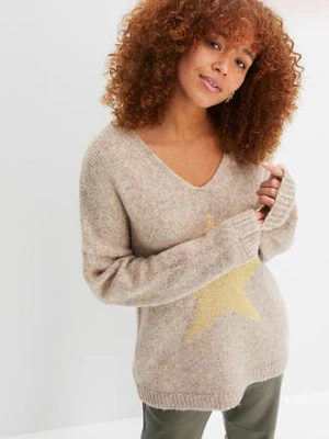 Sweter z gwiazdą BonPrix brązowy