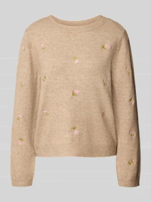 Sweter z haftami kwiatowymi Only Piaskowy melanż