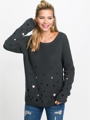 Sweter z haftem BonPrix szary