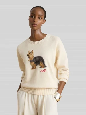 Sweter z intarsją z motywem psa z czystej bawełny Lauren Ralph Lauren Écru