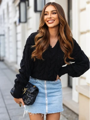 Sweter z kapturem w warkocze ROCCO - czarny  magmac 