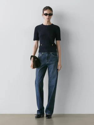 Sweter Z Krótkim Rękawem W Warkocze - Granatowy - - Massimo Dutti - Kobieta