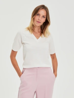 Sweter z krótkimi rękawami i dekoltem w serek biały Moodo