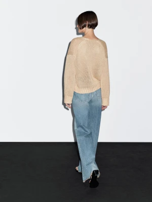 Sweter Z Lnianej Dzianiny Z Dekoltem W Serek - Beżowy - - Massimo Dutti - Kobieta