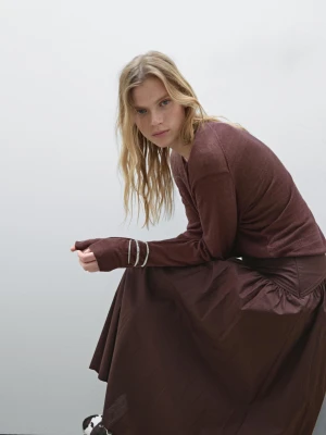 Sweter Z Lnianej Dzianiny Z Dekoltem W Serek - Bordowy - - Massimo Dutti - Kobieta
