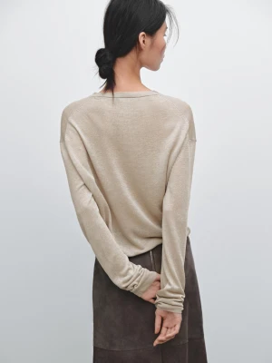 Sweter Z Lnianej Dzianiny Z Dekoltem W Serek - Popielaty - - Massimo Dutti - Kobieta