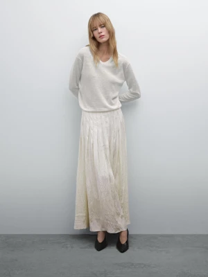 Sweter Z Lnianej Dzianiny Z Dekoltem W Serek - Śnieżnobiały - - Massimo Dutti - Kobieta
