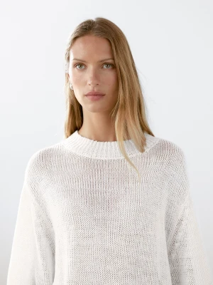 Sweter Z Lnianej Dzianiny Z Krótkim Rękawem - Biały - - Massimo Dutti - Kobieta