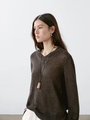 Sweter Z Mieszanki Bawełny Z Dekoltem W Serek - Czekoladowy - - Massimo Dutti - Kobieta