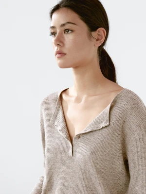 Sweter Z Mieszanki Lnu Z Dekoltem Na Guziki - Szary Melanżowy - - Massimo Dutti - Kobieta