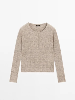 Sweter Z Mieszanki Lnu Z Dekoltem Na Guziki - Szary Melanżowy - - Massimo Dutti - Kobieta