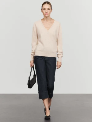 Sweter Z Mieszanki Wełny Z Dekoltem W Serek - Beżowy Pop - Massimo Dutti - Female