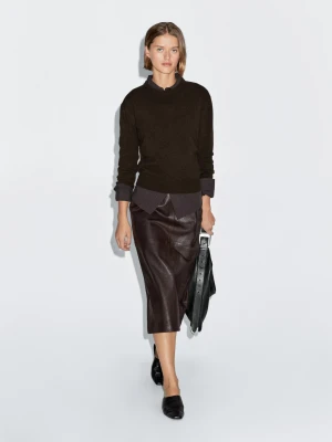 Sweter Z Mieszanki Wełny Z Okrągłym Dekoltem - Brązowy - - Massimo Dutti - Kobieta