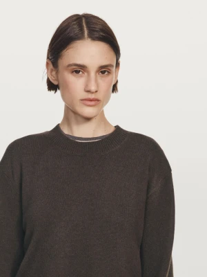 Sweter Z Mieszanki Wełny Z Okrągłym Dekoltem - Brązowy - - Massimo Dutti - Kobieta