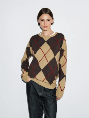 Sweter Z Mieszanki Wełny Z Rombem - Wielbłądzi - - Massimo Dutti - Kobieta