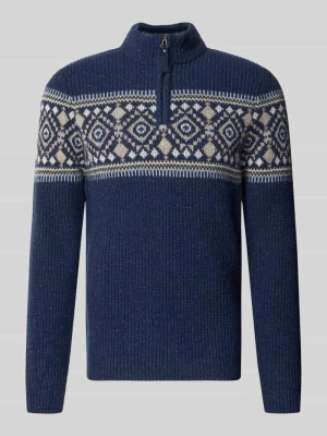 Sweter z norweskim wzorem z mieszanki wełny z kołnierzem zapinanym RAGMAN Granatowy