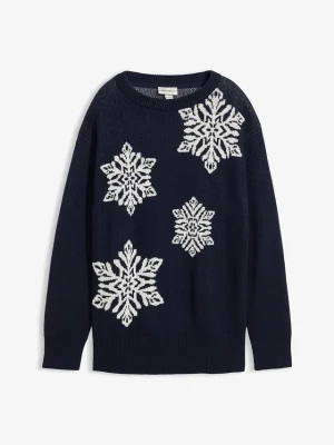 Sweter z okrągłym dekoltem i flokowanymi śnieżynkami BonPrix niebieski