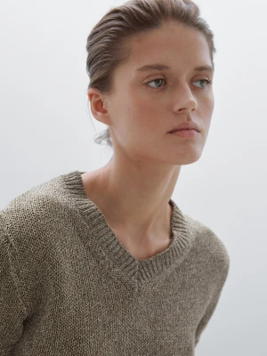 Sweter Z Ozdobnej Dzianiny - Popielaty Brąz - - Massimo Dutti - Kobieta